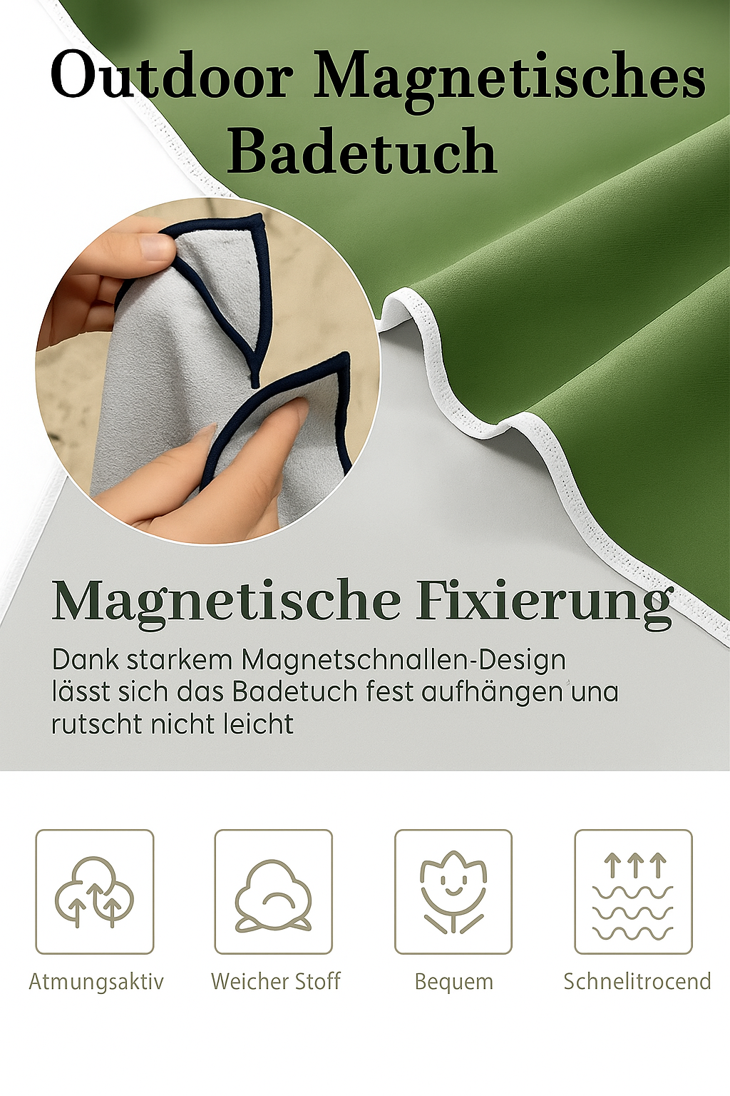 Magnetisches Badetuch mit vielerlei Funktionen